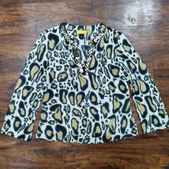 SoCa St. John Leopard Print Embellished Neckline Long Sleeve Blouse Size Small - Picture 2 of 13